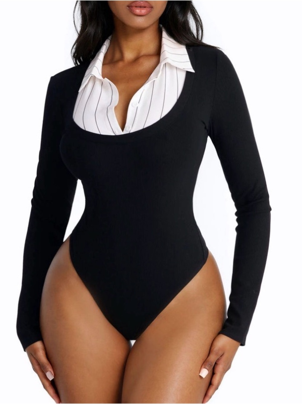 Fashion Nova Black Long-Sleeve Bodysuit with White Faux Shirt Collar